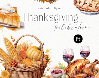 Watercolor Thanksgiving clipart - turkey, pumpkins png, fall wreaths and cornucopia baskets for Thanksgiving cards, invites, decor 161