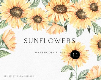 Könnte beinhalten: Aquarell-Illustrationsset mit 11 Sonnenblumen und grünen Blättern. Das Set trägt den Titel "Sunflowers Watercolor Set 11".