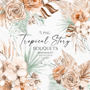 Clipart di fiori secchi boho ad acquerello, bouquet di rose boho di palma png, logo tropicale con palme secche 147