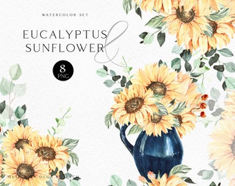 Könnte beinhalten: Aquarell-Illustration eines Straußes Sonnenblumen und Eukalyptusblättern in einer blauen Vase. Die Illustration ist Teil eines Sets mit 8 PNG-Dateien.