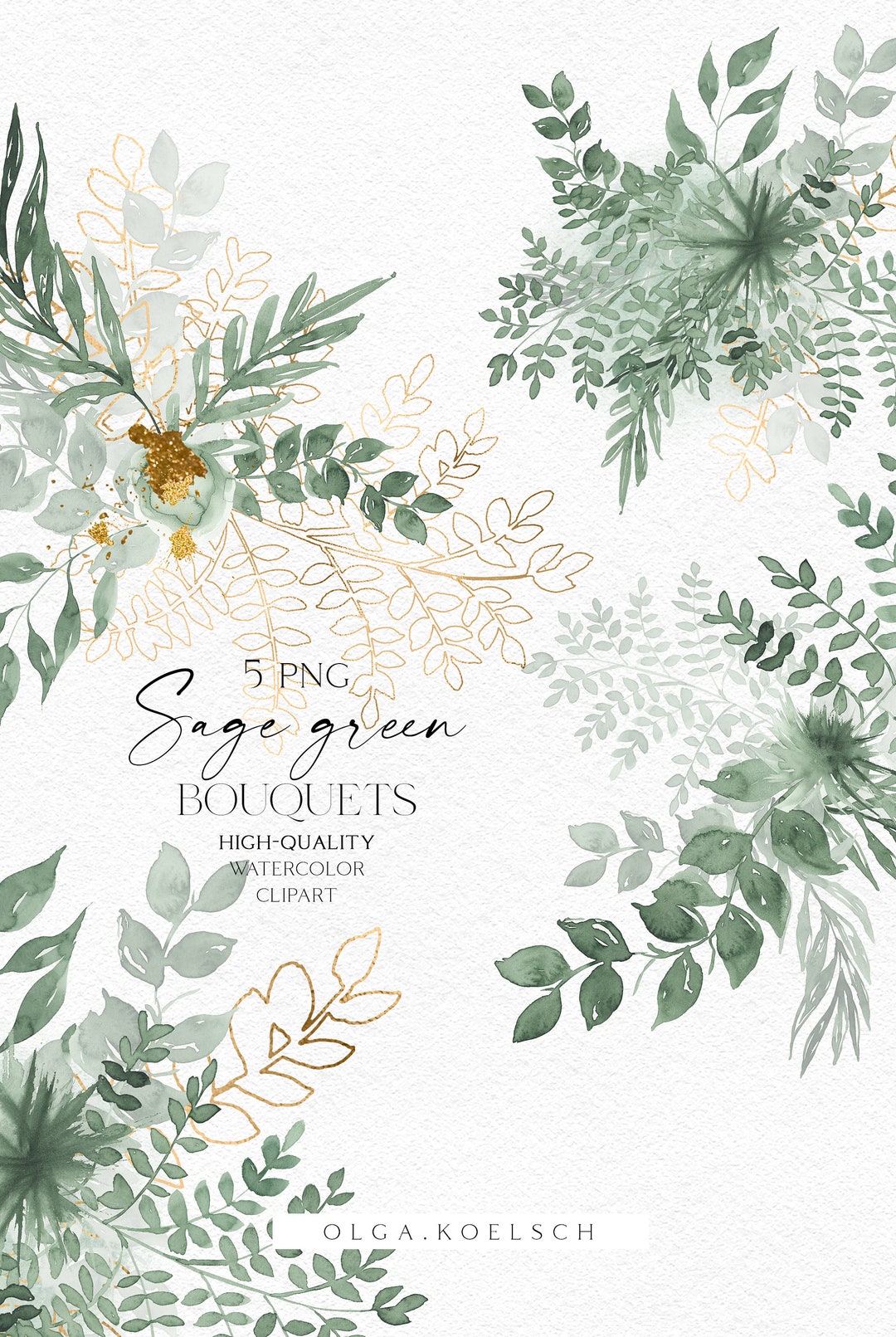 Watercolor Greenery Clipart, Sage Green Bouquet Png, Gold and Green Leaves Clipart for Wedding