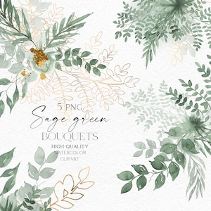 Clipart verdure aquarelle, png bouquet vert sauge, clipart feuilles or et vert pour faire-part de mariage, baby shower, médias sociaux 126