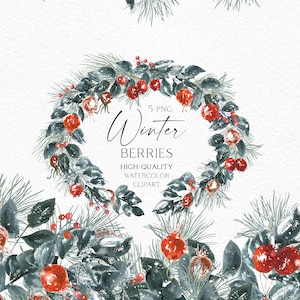Watercolor winter wreath clipart, red berries and greenery borders png, Traditional Christmas greeting card decor