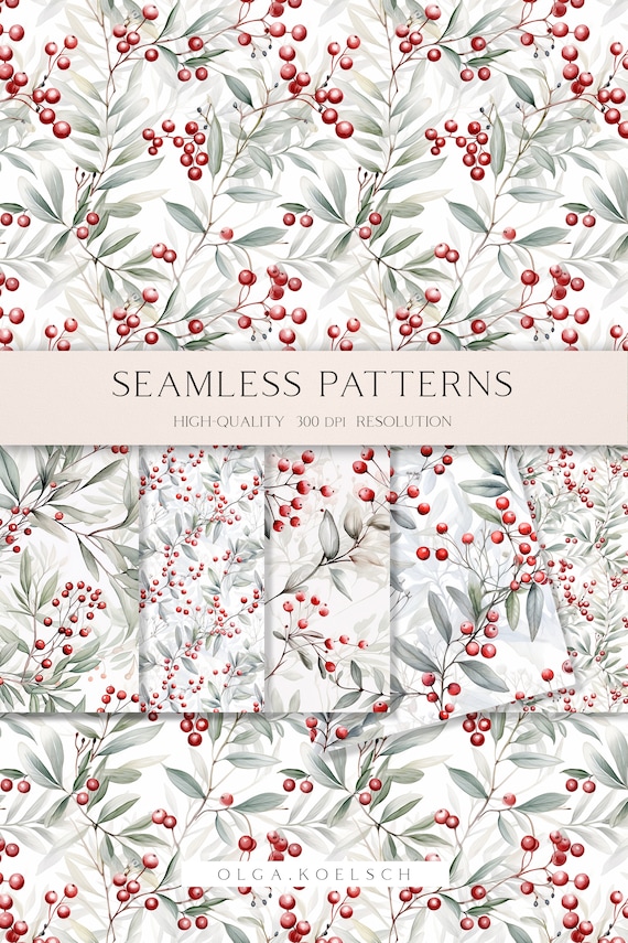 Christmas greenery seamless pattern fabric, Watercolor mistletoe, red winter berries digital paper for Christmas scrapbooking 164