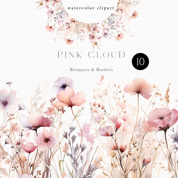 Clipart con bordi floreali ad acquerello, mazzi di fiori di campo rosa pastello png per inviti di nozze, baby shower per ragazze, battesimo, poster 158