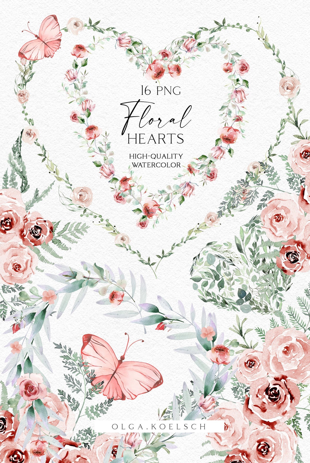 Pink Flower Png, Watercolor Valentine Clipart, Floral Heart Clipart ...