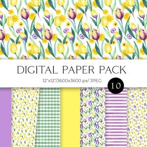 Confezione di carta digitale con tulipani ad acquerello, motivo senza soluzione di continuità primaverile pasquale, carta digitale con fiori gialli e viola 12x12 JPG