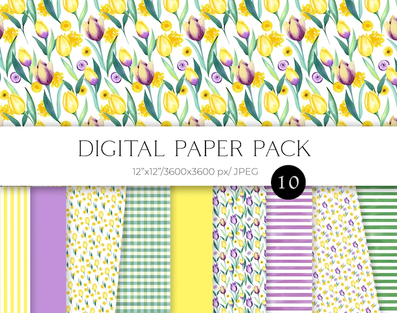 Easter Spring seamless pattern yellow and purple flowers digital paper 12x12 JPG Watercolor tulip digital paper pack