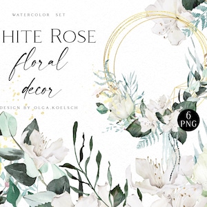 Watercolor white floral wreath clipart, Rose floral borders clipart for wedding invitations, mother&#39;s day cards, feminine logo 048