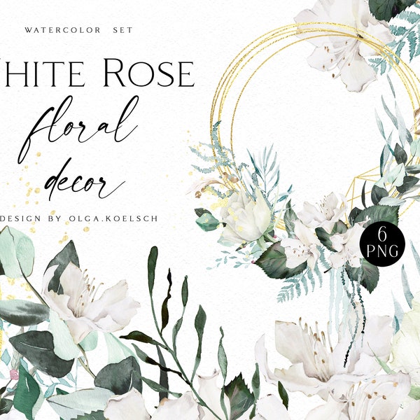 Watercolor white floral wreath clipart, Rose floral borders clipart for wedding invitations, mother's day cards, feminine logo 048