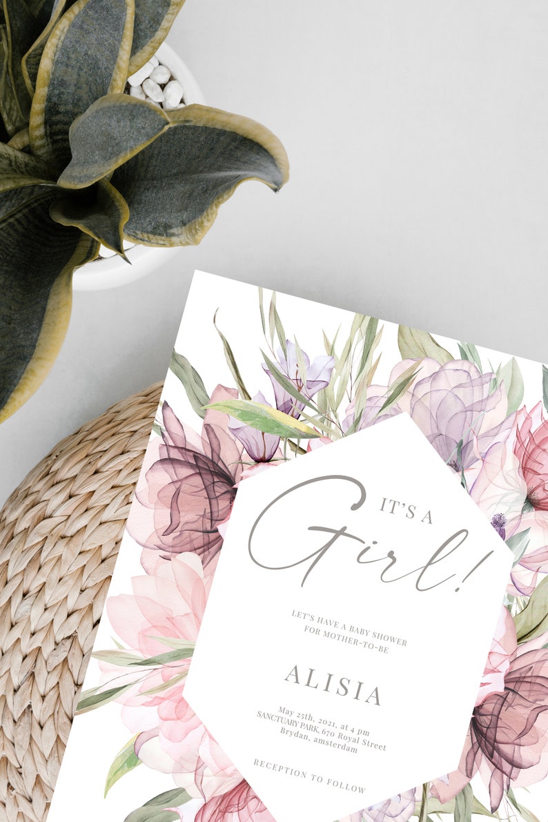 May include: A baby shower invitation with a watercolor floral design in shades of pink and purple. The text reads "It's a Girl!" and includes the name "Alisia", the date "May 25th, 2021", the time "4 pm", the location "Sanctuary Park, 670 Royal Street, Brydan, Amsterdam", and the phrase "Reception to follow".