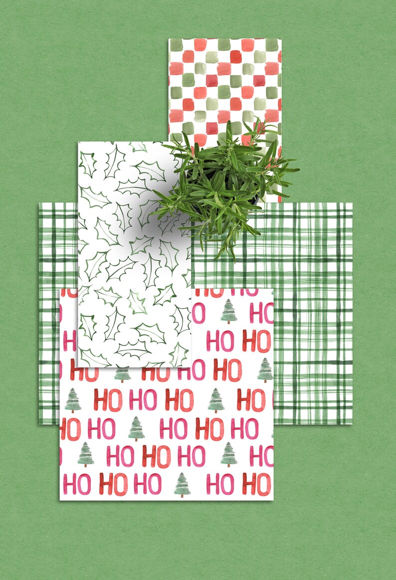 May include: Four different Christmas wrapping paper designs. The first design is a white background with green holly leaves. The second design is a white background with red and green "HO HO HO" text and small green Christmas trees. The third design is a white background with green and red plaid. The fourth design is a white background with red and green squares.