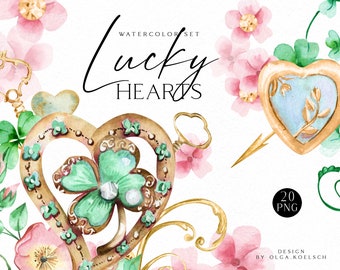 Watercolor Heart Clipart, Golden Vintage Jewelry, Clover (PNG)