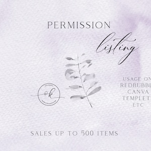 以下が含まれることがあります： 水彩画風の葉のついた枝のデジタルイラスト。画像には「PERMISSION listing」と「SALES UP TO 500 ITEMS」のテキストが含まれています。「USAGE ON: REDBUBBLE CANVA TEMPLETT ETC」のテキストも含まれています。