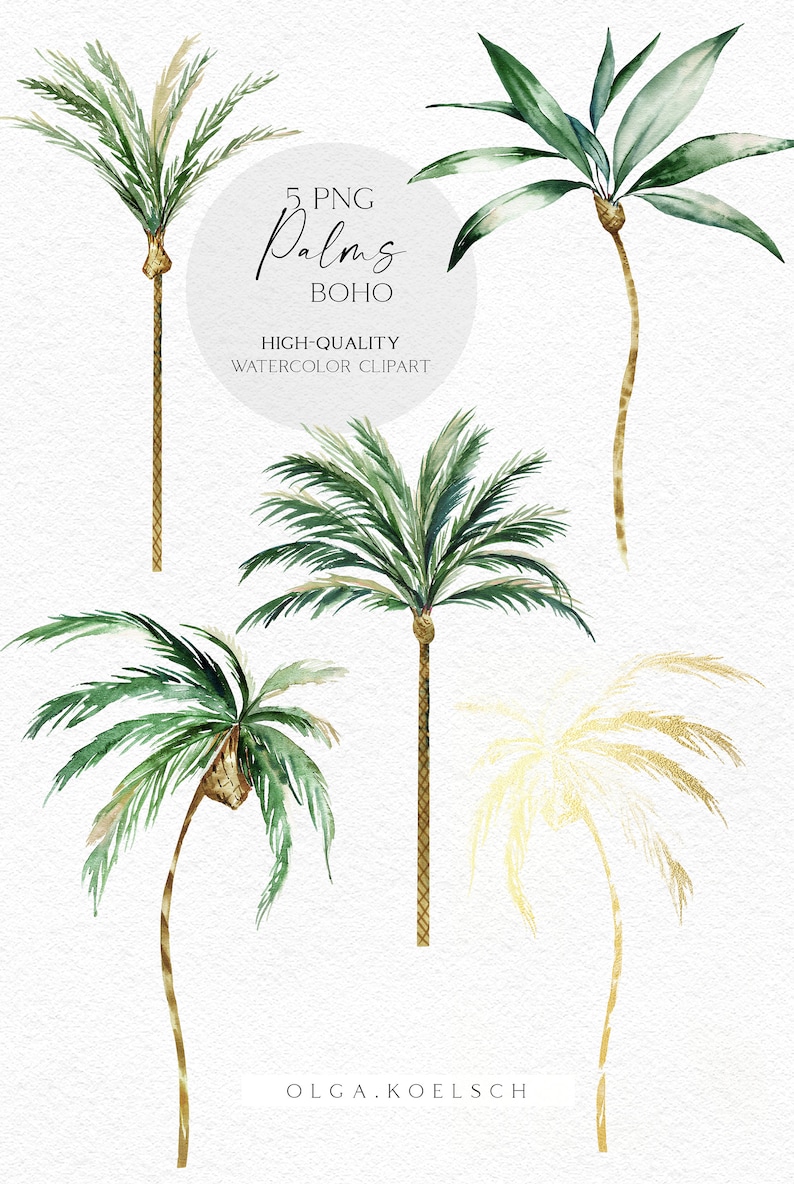 May include: Five watercolor illustrations of palm trees in various styles. The trees are green and gold with a white background. The text "5 PNG Palms BOHO HIGH-QUALITY WATERCOLOR CLIPART OLGA.KOELSCH" is at the bottom of the image.