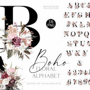 Alfabeto de boda boho burdeos clipart, alfabeto floral burdeos y rubor de acuarela png, letras de logotipo femeninas 009