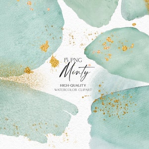 Könnte beinhalten: 15 Aquarell-Clipart-Bilder in Grüntönen mit goldenen Glitzerakzenten. Der Text "15 PNG Minty High-Quality Watercolor Clipart" befindet sich in der Mitte des Bildes. Der Text "OLGA.KOELSCH" befindet sich am unteren Rand des Bildes.