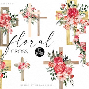 Aquarelle florale croix clipart, croix de baptême, première communion clipart, clipart religieux de Pâques