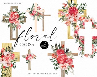 Watercolor floral cross clipart, Baptism cross, First Communion clipart, Religious easter clipart