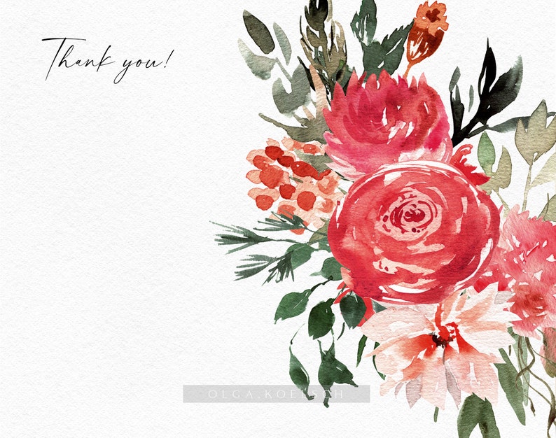Op de afbeelding: Een aquarel schilderij van een boeket rode en roze bloemen met groene bladeren. De bloemen zijn in een losse, natuurlijke stijl gerangschikt. De achtergrond is wit. De tekst "Bedankt!" is in zwarte inkt bovenaan de afbeelding geschreven.