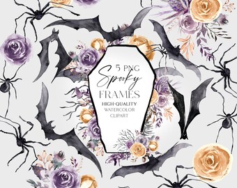 May include: Five digital frames featuring a spooky Halloween theme with black bats, spiders, and purple and orange flowers. The text "5 PNG Spooky Frames High-Quality Watercolor Clipart" is in the center of the image. The text "OLGA.KOELSCH" is at the bottom of the image.