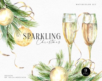 Clipart de champán de acuarela, clipart de copa de champán de Navidad, clip art de Navidad de acuarela para tarjetas de felicitación, decoración navideña 074