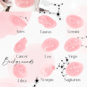 May include: Pink watercolor backgrounds with black outlines of the zodiac constellations. The constellations are labeled with their names: Aries, Taurus, Gemini, Cancer, Leo, Virgo, Libra, Scorpio, Sagittarius, Capricorn, Aquarius, and Pisces.