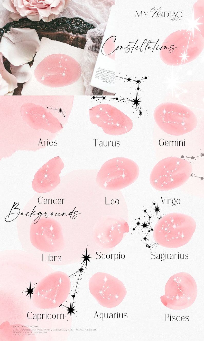 May include: Pink watercolor backgrounds with black outlines of the zodiac constellations. The constellations are labeled with their names: Aries, Taurus, Gemini, Cancer, Leo, Virgo, Libra, Scorpio, Sagittarius, Capricorn, Aquarius, and Pisces.