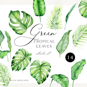 Tropical watercolor modern clipart. Greenery clip art watercolor leaf.  Tropical wedding invite card design.