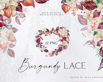 Aquarel boho herfstbloemen clipart, Bright Thanksgiving clipart, bordeauxrode handgetekende herfstbladeren, bloemen, png 029