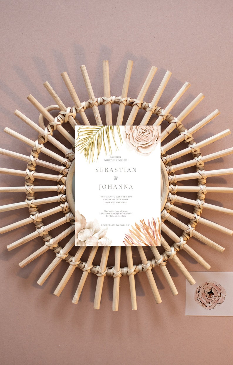 May include: A wedding invitation with a white background and watercolor illustrations of palm leaves, roses, and proteas. The text reads "Together with their families, Sebastian & Johanna, Invite you to join them for the celebration of their love and marriage, May 25th, 2023, at 4 pm, Sanctuary Park, 170 Royal Street, Brydon, Amsterdam, Reception to follow."