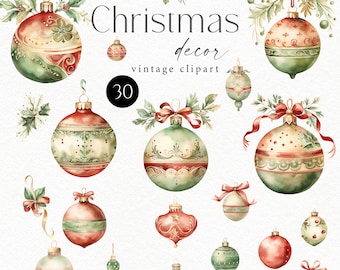 May include: A set of 30 watercolor Christmas ornaments in red, green, and gold. The ornaments are decorated with intricate patterns and designs. The ornaments are perfect for adding a touch of vintage charm to your holiday decor.