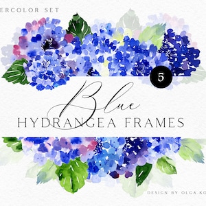 Hydrangea watercolor floral frame clipart.  Blue flower borders png.  Hand-drawn clipart for wedding invitation, baby shower 167