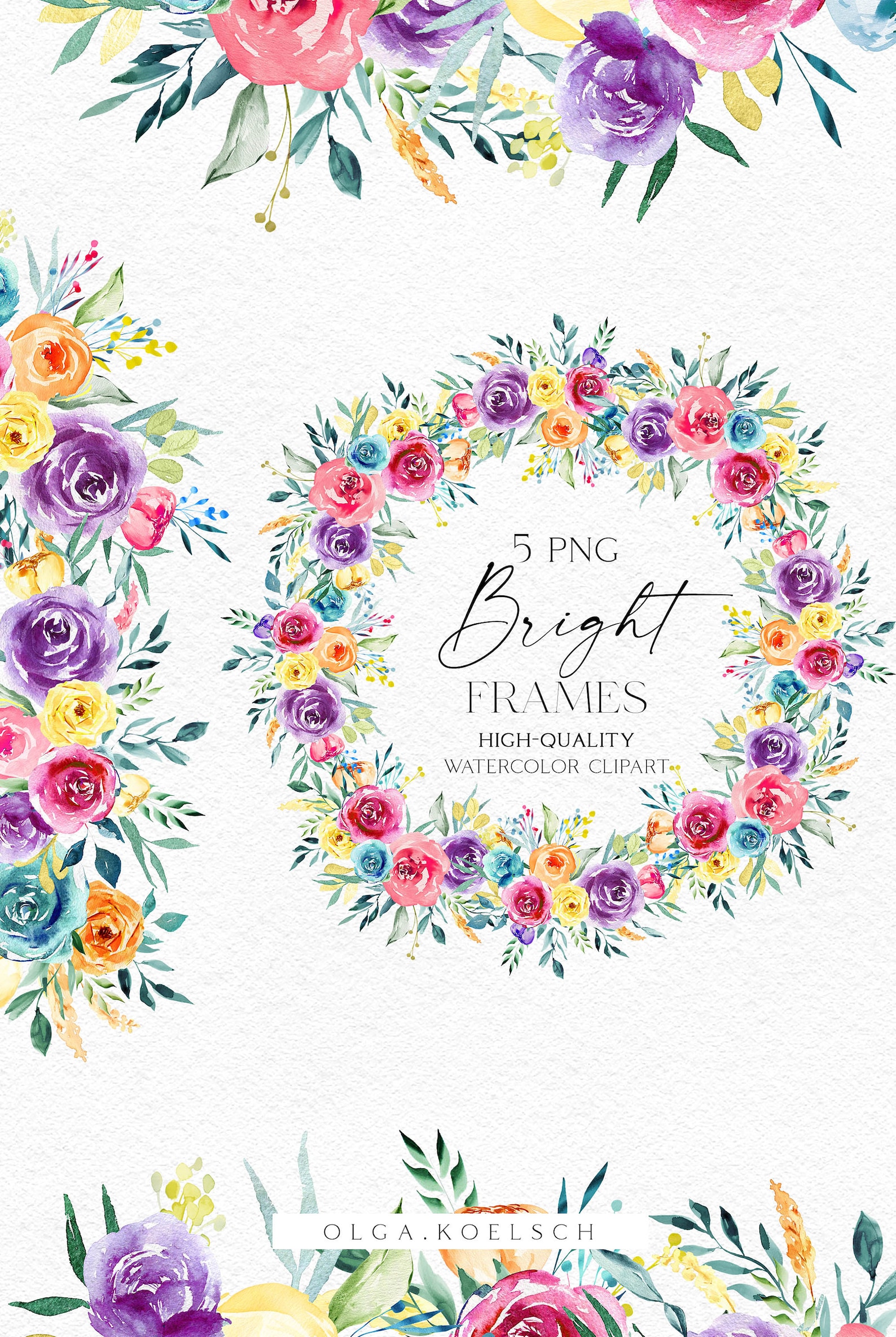 Bright Roses Frame Clipart, Watercolor Summer Floral Borders Png ...