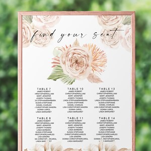 May include: A seating chart with a floral design in shades of pink and peach. The chart lists tables with names and guests assigned to each table. The text "find your seat" is at the top of the chart.