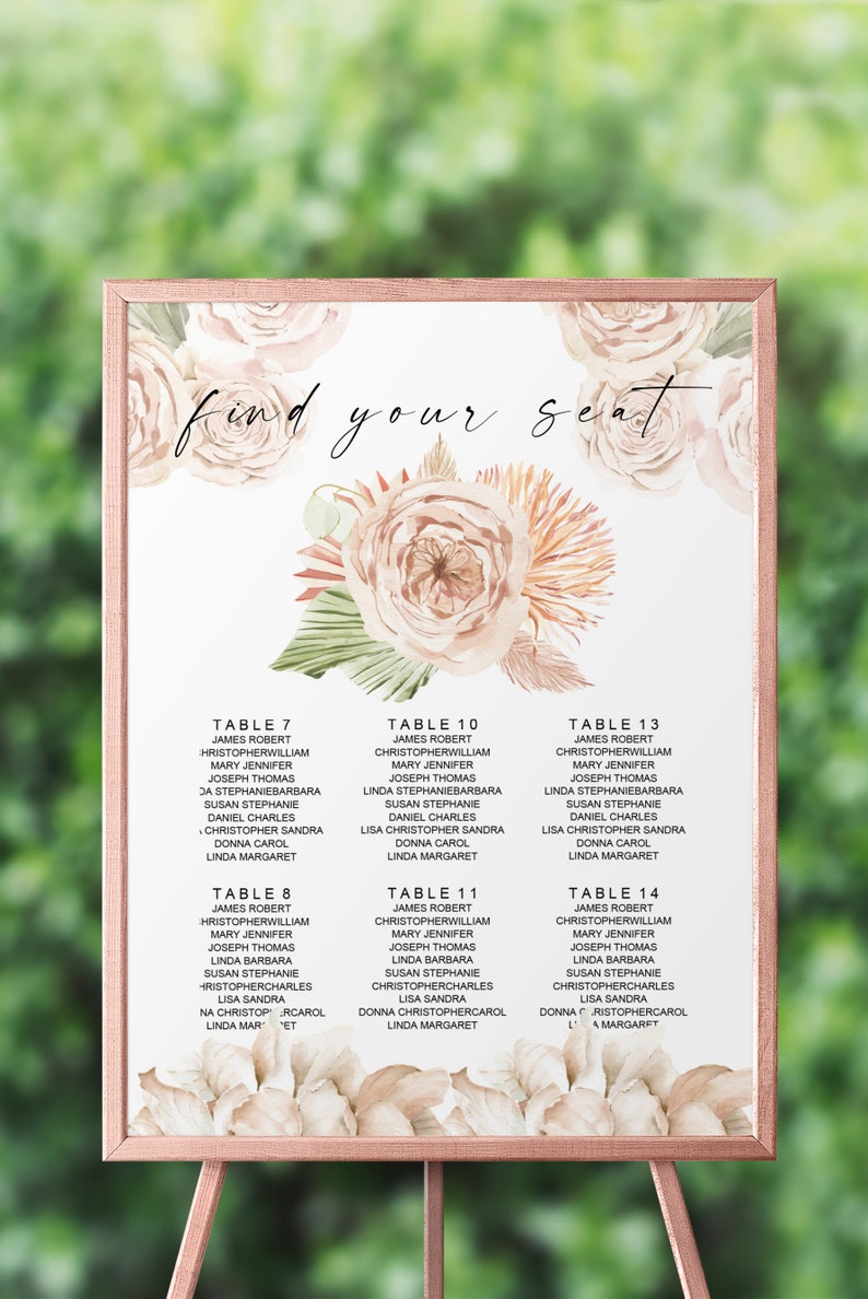 May include: A seating chart with a floral design in shades of pink and peach. The chart lists tables with names and guests assigned to each table. The text "find your seat" is at the top of the chart.