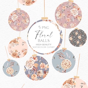 Watercolor Christmas ball png, Boho Christmas floral graphics, Digital Christmas elements for greeting cards 060