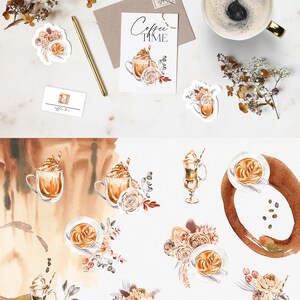 K&ouml;nnte beinhalten: Aquarell-Illustrationen von Kaffeegetr&auml;nken mit floralen Akzenten. Die Illustrationen umfassen einen Latte, einen Cappuccino, einen Eiskaffee und ein Kaffeegetr&auml;nk mit Schlagsahne. Die Illustrationen sind perfekt f&uuml;r Kaffeeliebhaber und eignen sich hervorragend f&uuml;r die Verwendung in der Markenbildung von Caf&eacute;s oder in sozialen Medien.