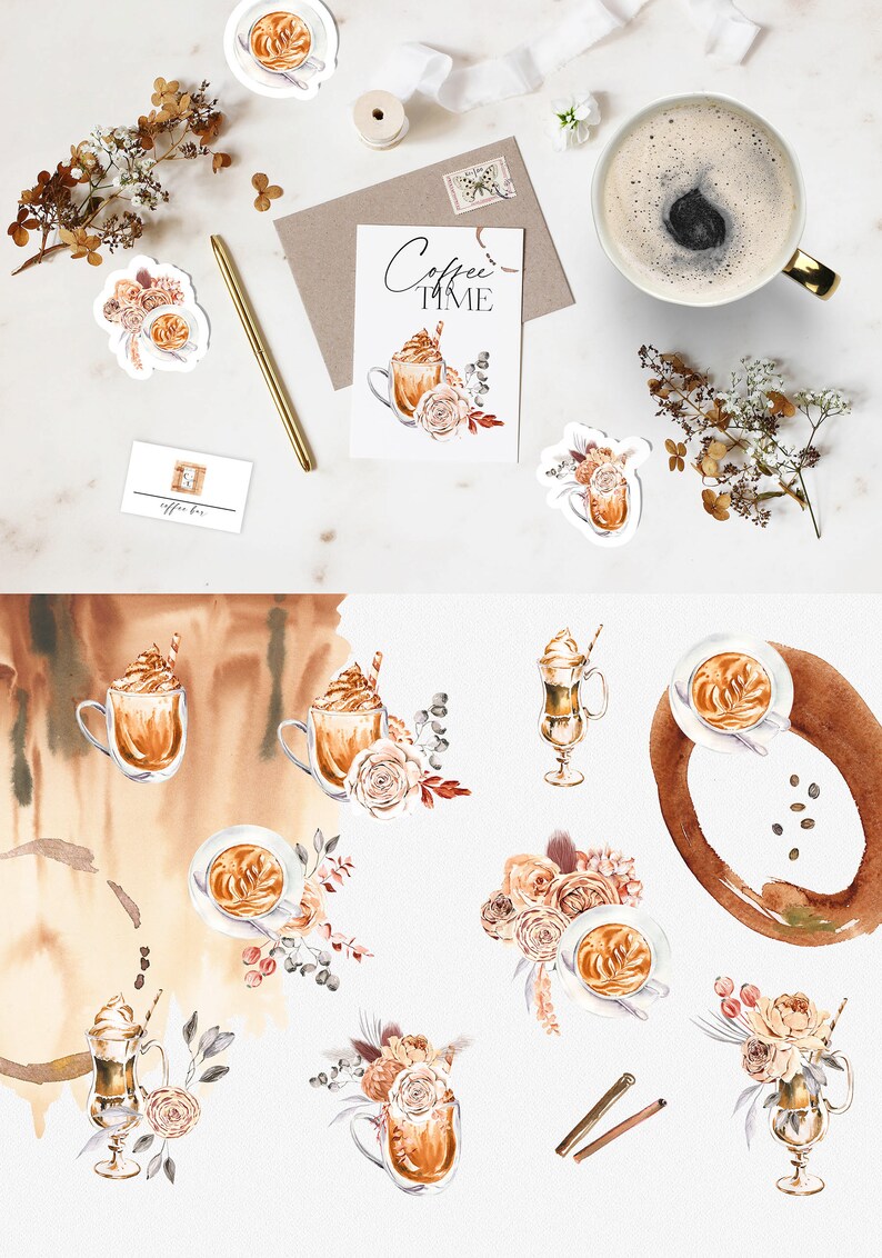 K&ouml;nnte beinhalten: Aquarell-Illustrationen von Kaffeegetr&auml;nken mit floralen Akzenten. Die Illustrationen umfassen einen Latte, einen Cappuccino, einen Eiskaffee und ein Kaffeegetr&auml;nk mit Schlagsahne. Die Illustrationen sind perfekt f&uuml;r Kaffeeliebhaber und eignen sich hervorragend f&uuml;r die Verwendung in der Markenbildung von Caf&eacute;s oder in sozialen Medien.