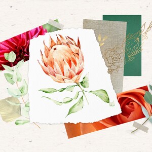 May include: A collage of floral elements, including a watercolor painting of a protea flower, a pink dahlia, a peach rose, and eucalyptus leaves. The collage is made of paper scraps and has a rustic, vintage aesthetic.
