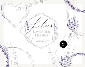 Watercolor Lavender Frame Clipart, Silver Geometric Frames (PNG)