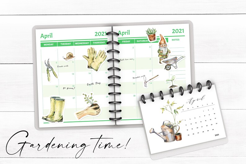 May include: A close-up of a 2021 calendar with a gardening theme. The calendar has a green background with white text and is decorated with watercolor illustrations of gardening tools, plants, and a gnome. The text "Gardening time!" is written in black cursive at the bottom of the image.