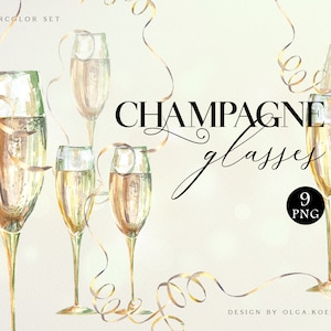Clipart champagne aquarelle, clipart vin, verre à champagne png, cadres de paillettes d'or 074
