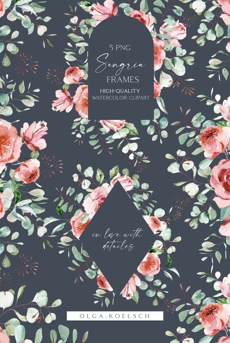 Boho Roses Frame Clipart Eucalyptus Watercolor Floral Borders - Etsy