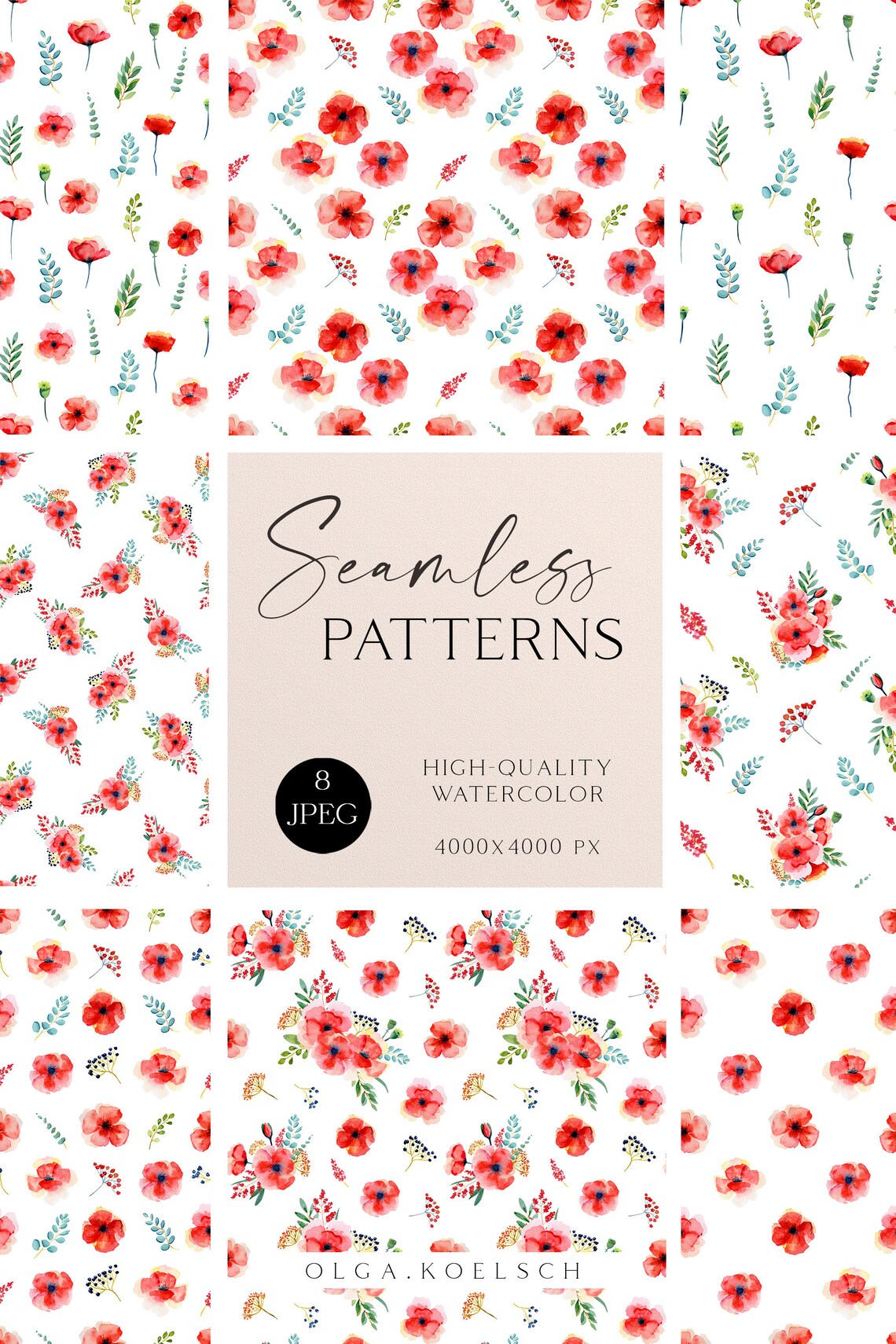 Boho Seamless Pattern for Fabric, Watercolor Flower Seamless Digital ...