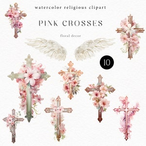 Clipart de cruz floral rosa de acuarela, clipart de Pascua religiosa, cruz de bautismo, clipart de primera comunión