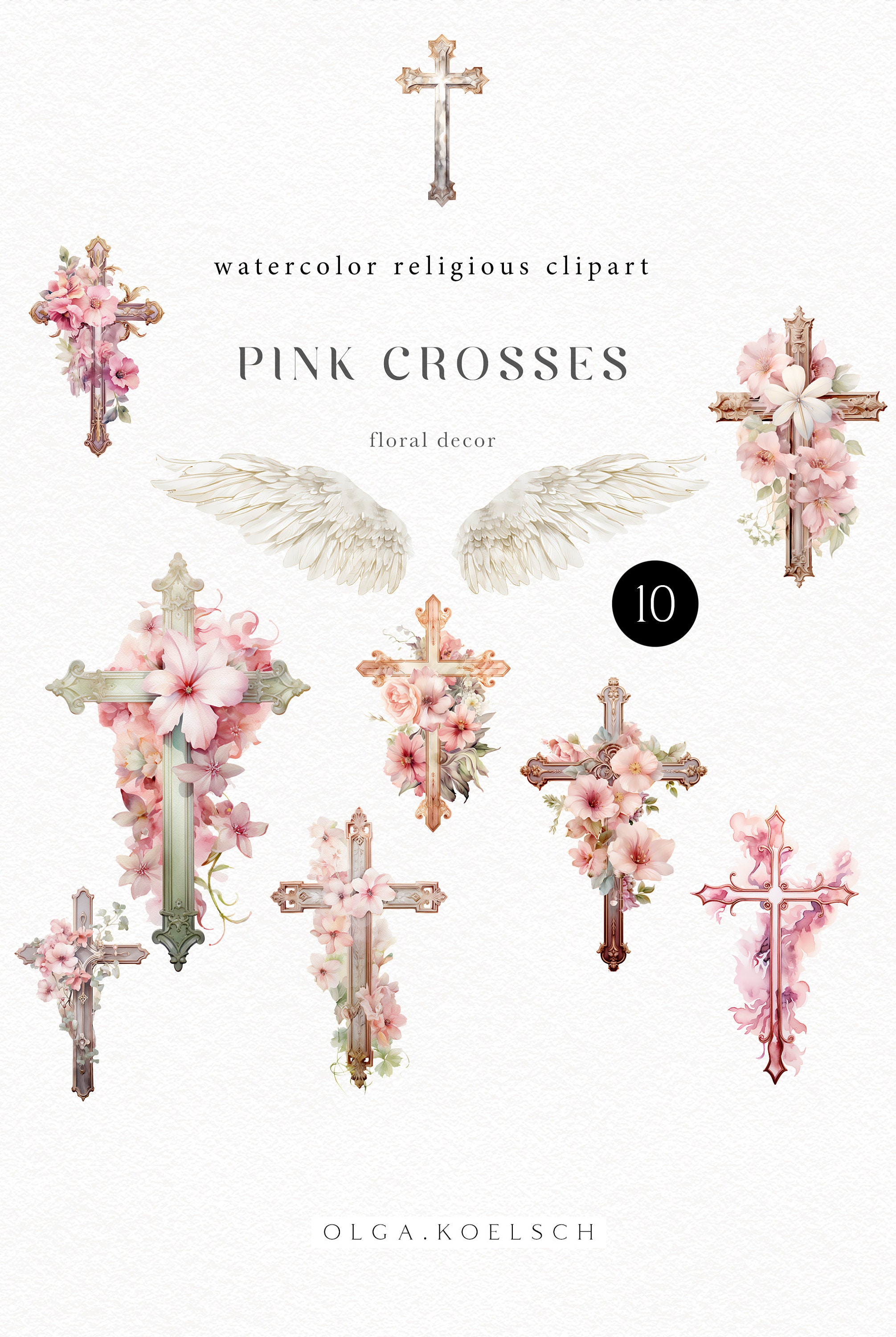 Clipart de cruz floral rosa de acuarela, clipart de Pascua religiosa, cruz  de bautismo, clipart de primera comunión - Etsy México, image size:2011x3000