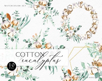 Watercolor cotton clip art, Eucalyptus wreath clipart, Winter design elements for christmas diy, winter wedding, baby shower png 107