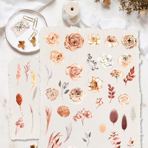 K&ouml;nnte beinhalten: Ein Set handgemalter Aquarell-Blumenillustrationen in Braun-, Beige- und Wei&szlig;t&ouml;nen. Die Illustrationen umfassen Rosen, Bl&auml;tter und andere botanische Elemente. Der Text "HAND-PAINTED floral DIY" ist oben im Bild sichtbar.