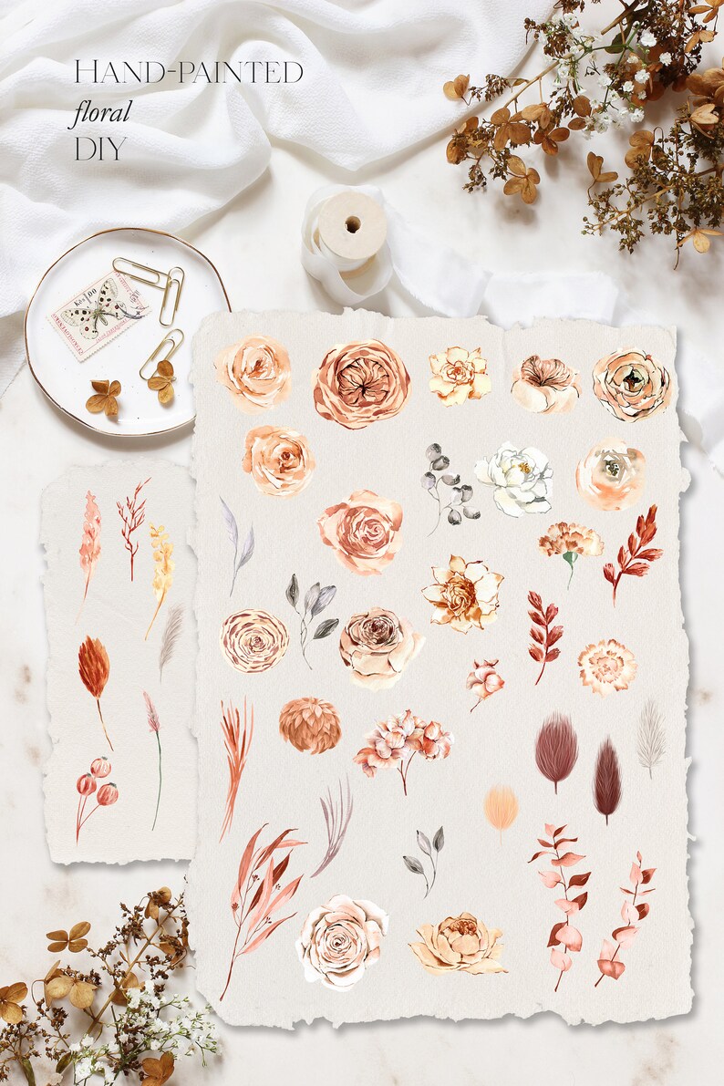 K&ouml;nnte beinhalten: Ein Set handgemalter Aquarell-Blumenillustrationen in Braun-, Beige- und Wei&szlig;t&ouml;nen. Die Illustrationen umfassen Rosen, Bl&auml;tter und andere botanische Elemente. Der Text "HAND-PAINTED floral DIY" ist oben im Bild sichtbar.